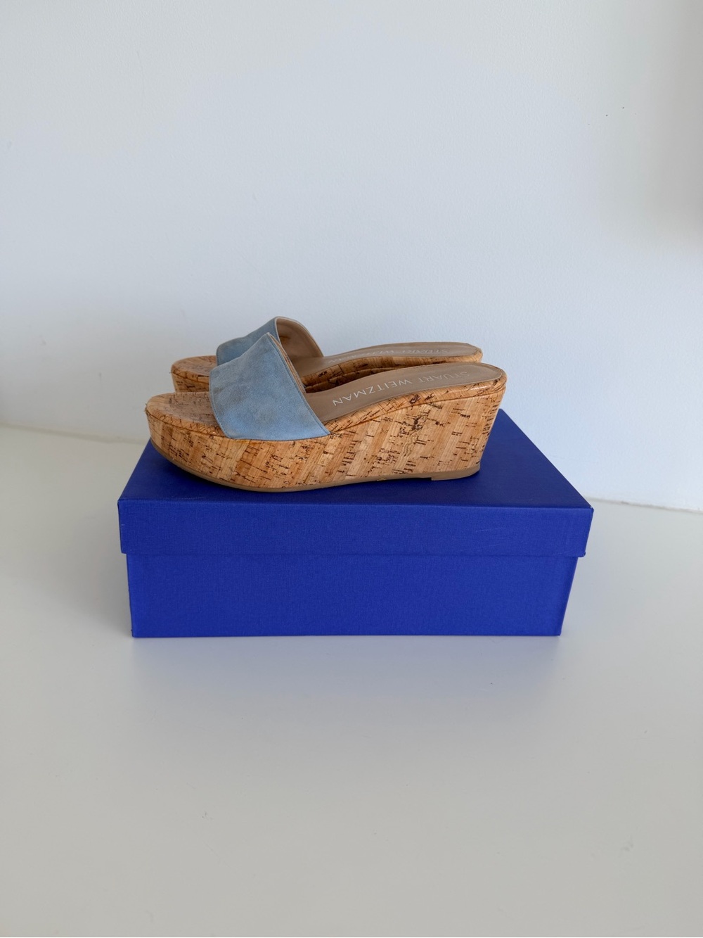 Stuart Weitzman Light Blue Suede Cork Wedge Slides